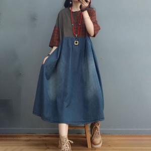 High-Waist Loose Denim Dress Outfits Stone Wash Checker Dress
