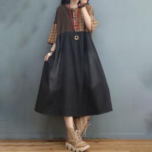 High-Waist Loose Denim Dress Outfits Stone Wash Checker Dress