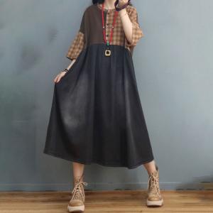 High-Waist Loose Denim Dress Outfits Stone Wash Checker Dress