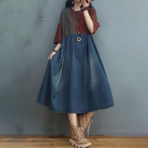 High-Waist Loose Denim Dress Outfits Stone Wash Checker Dress