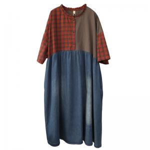 High-Waist Loose Denim Dress Outfits Stone Wash Checker Dress