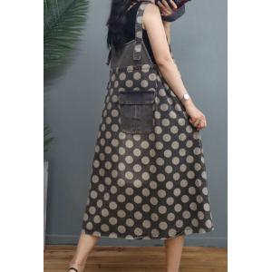 Polka Dot Denim Overall Dress Lace Up Reversible Midi Dress