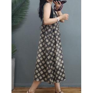 Polka Dot Denim Overall Dress Lace Up Reversible Midi Dress