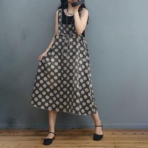 Polka Dot Denim Overall Dress Lace Up Reversible Midi Dress