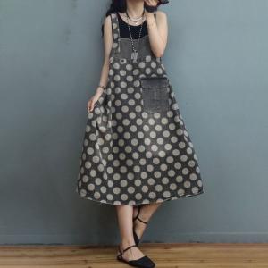 Polka Dot Denim Overall Dress Lace Up Reversible Midi Dress