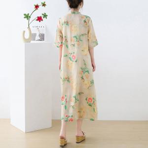 Thigh Slits Printed Chinese Cheongsam Ramie Loose Dress