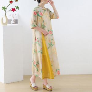 Thigh Slits Printed Chinese Cheongsam Ramie Loose Dress