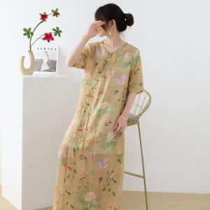 Chinese Buttons Ramie Vacation Dress Loose-Fit Cheongsam Dress