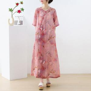 Chinese Buttons Ramie Vacation Dress Loose-Fit Cheongsam Dress