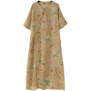 Chinese Buttons Ramie Vacation Dress Loose-Fit Cheongsam Dress