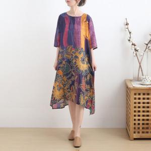 Half Sleeve Totem Prints Folk Dress Ramie Summer Short Dress