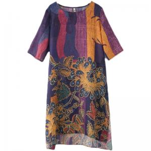 Half Sleeve Totem Prints Folk Dress Ramie Summer Short Dress