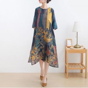 Half Sleeve Totem Prints Folk Dress Ramie Summer Short Dress