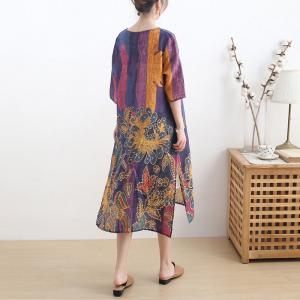 Half Sleeve Totem Prints Folk Dress Ramie Summer Short Dress