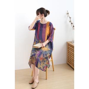 Half Sleeve Totem Prints Folk Dress Ramie Summer Short Dress