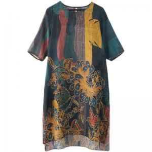Half Sleeve Totem Prints Folk Dress Ramie Summer Short Dress