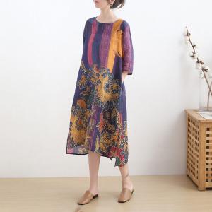 Half Sleeve Totem Prints Folk Dress Ramie Summer Short Dress