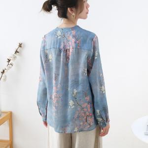 Plum Blossom Long Sleeve Oversized Shirt Ramie Azure Blouse