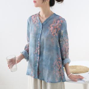 Plum Blossom Long Sleeve Oversized Shirt Ramie Azure Blouse