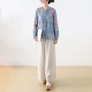 Plum Blossom Long Sleeve Oversized Shirt Ramie Azure Blouse
