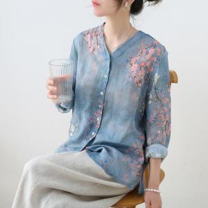 Plum Blossom Long Sleeve Oversized Shirt Ramie Azure Blouse