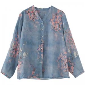 Plum Blossom Long Sleeve Oversized Shirt Ramie Azure Blouse