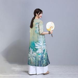 Chinese Style Thigh Slit Cheongsam Ramie Loose Midi Dress
