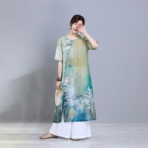 Chinese Style Thigh Slit Cheongsam Ramie Loose Midi Dress