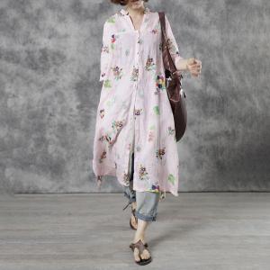 Colorful Flowers Light Pink Tunic Dress Ramie Midi Shirt Dress