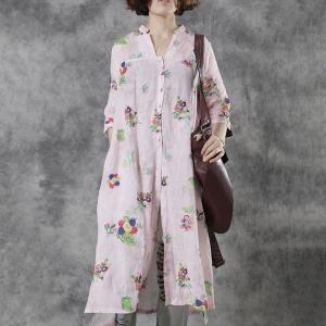 Colorful Flowers Light Pink Tunic Dress Ramie Midi Shirt Dress