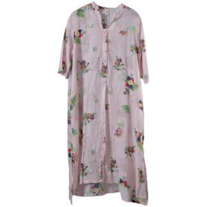 Colorful Flowers Light Pink Tunic Dress Ramie Midi Shirt Dress