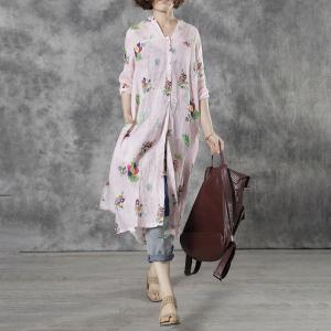 Colorful Flowers Light Pink Tunic Dress Ramie Midi Shirt Dress