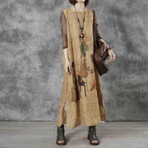 Black Silk Sleeves Ramie Shift Dress Chinese Characters Vintage Dress