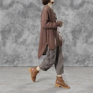 Long Sleeve Pleated Linen T-shirt Asymmetrical Plus Size Tunic Top