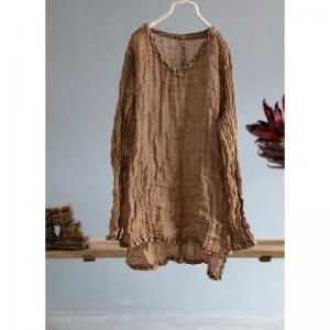 Long Sleeve Pleated Linen T-shirt Asymmetrical Plus Size Tunic Top