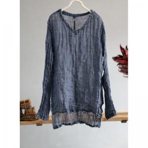 Long Sleeve Pleated Linen T-shirt Asymmetrical Plus Size Tunic Top