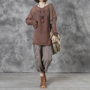 Long Sleeve Pleated Linen T-shirt Asymmetrical Plus Size Tunic Top