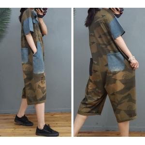 Contrast-Colored Pockets Camo Jumpsuits Plus Size Jean Coveralls