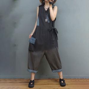 Big Flap Pockets Vest Jumpsuits Light Denim Front Tied Jumpsuits