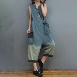 Big Flap Pockets Vest Jumpsuits Light Denim Front Tied Jumpsuits