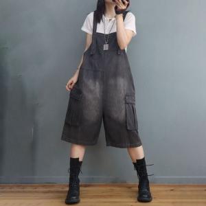 Beach Style Copped Wide Leg Overalls Stone Wash Gardening Clothes