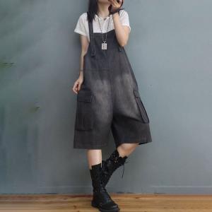 Beach Style Copped Wide Leg Overalls Stone Wash Gardening Clothes