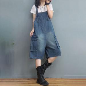 Beach Style Copped Wide Leg Overalls Stone Wash Gardening Clothes