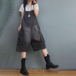 Beach Style Copped Wide Leg Overalls Stone Wash Gardening Clothes