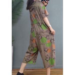 Funny Cartoon Loose Hooded Jumpsuits Half Sleeves Letter Cotton Pants