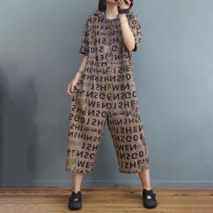 Funny Cartoon Loose Hooded Jumpsuits Half Sleeves Letter Cotton Pants