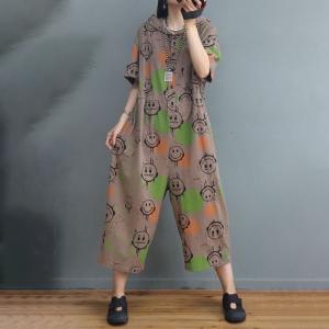 Funny Cartoon Loose Hooded Jumpsuits Half Sleeves Letter Cotton Pants