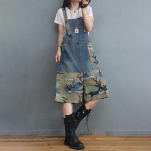 Casual Baggy Camo Overall Shorts Adjustable Straps Wide Leg Jorts