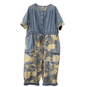 Half Sleeve Yellow Printed Baggy Coveralls Belted Cropped Jumpsuits