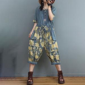 Half Sleeve Yellow Printed Baggy Coveralls Belted Cropped Jumpsuits